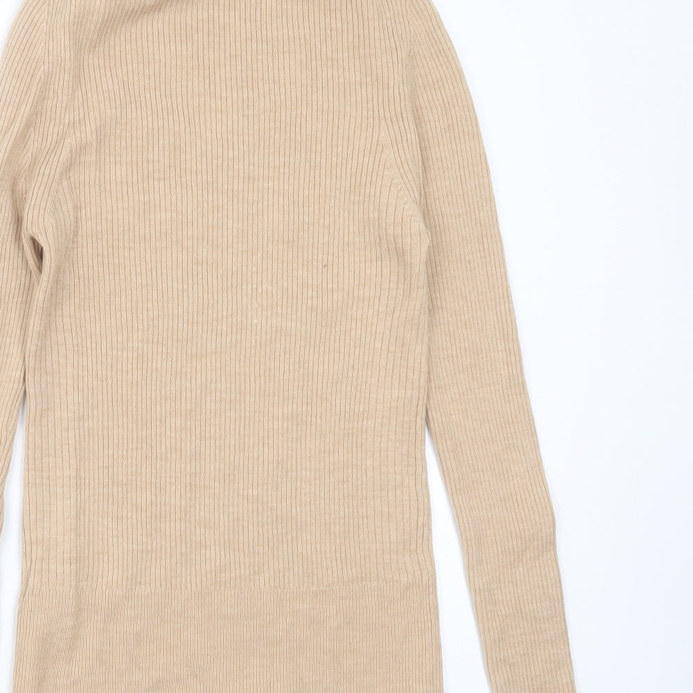 Marks and Spencer Womens Beige High Neck Striped Wool Pullover Jumper Size 8