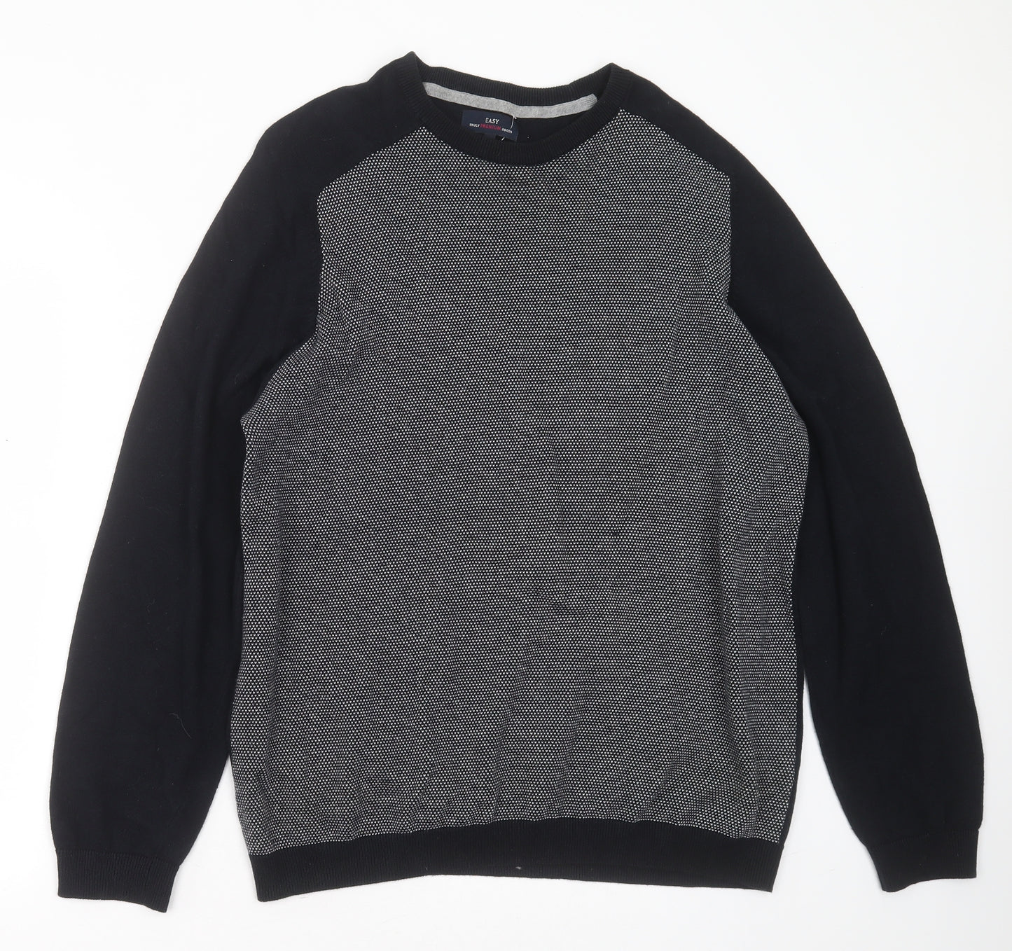 Easy Mens Blue Round Neck Geometric Cotton Pullover Jumper Size L