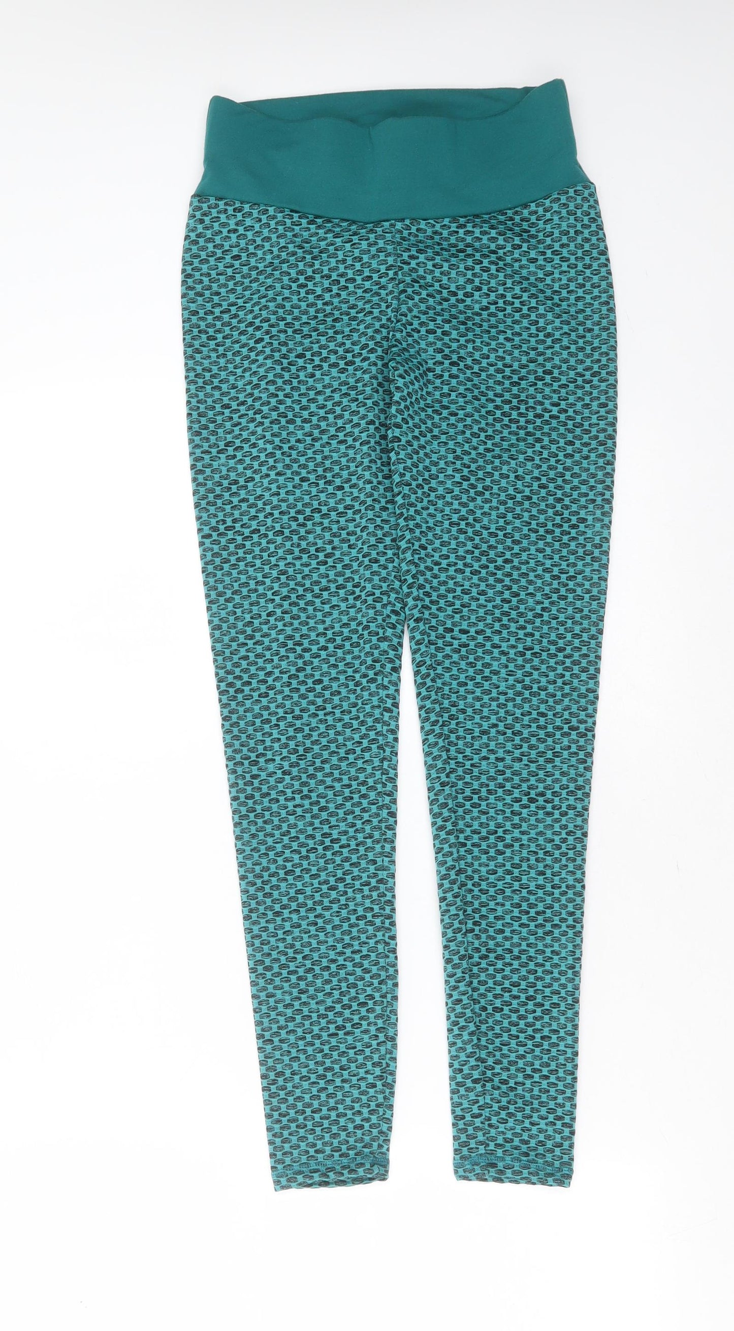Preworn Womens Green Geometric Polyester Compression Leggings Size S L27 in Extra-Slim