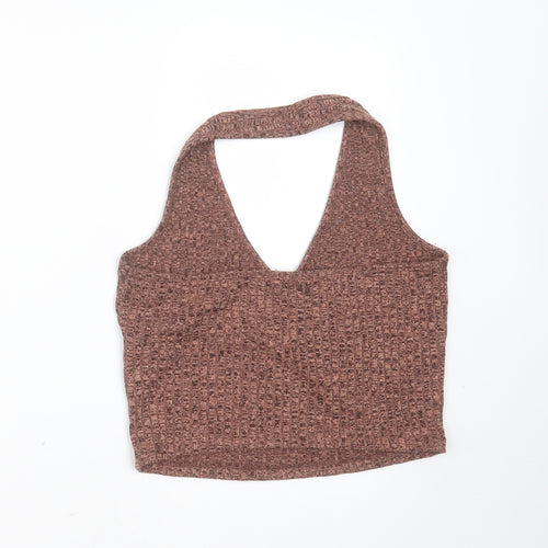 Primark Womens Brown Striped Polyester Cropped T-Shirt Size M Halter