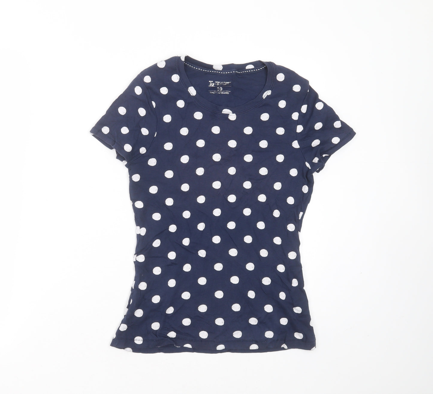 TU Womens Blue Polka Dot Cotton Basic T-Shirt Size 10 Round Neck
