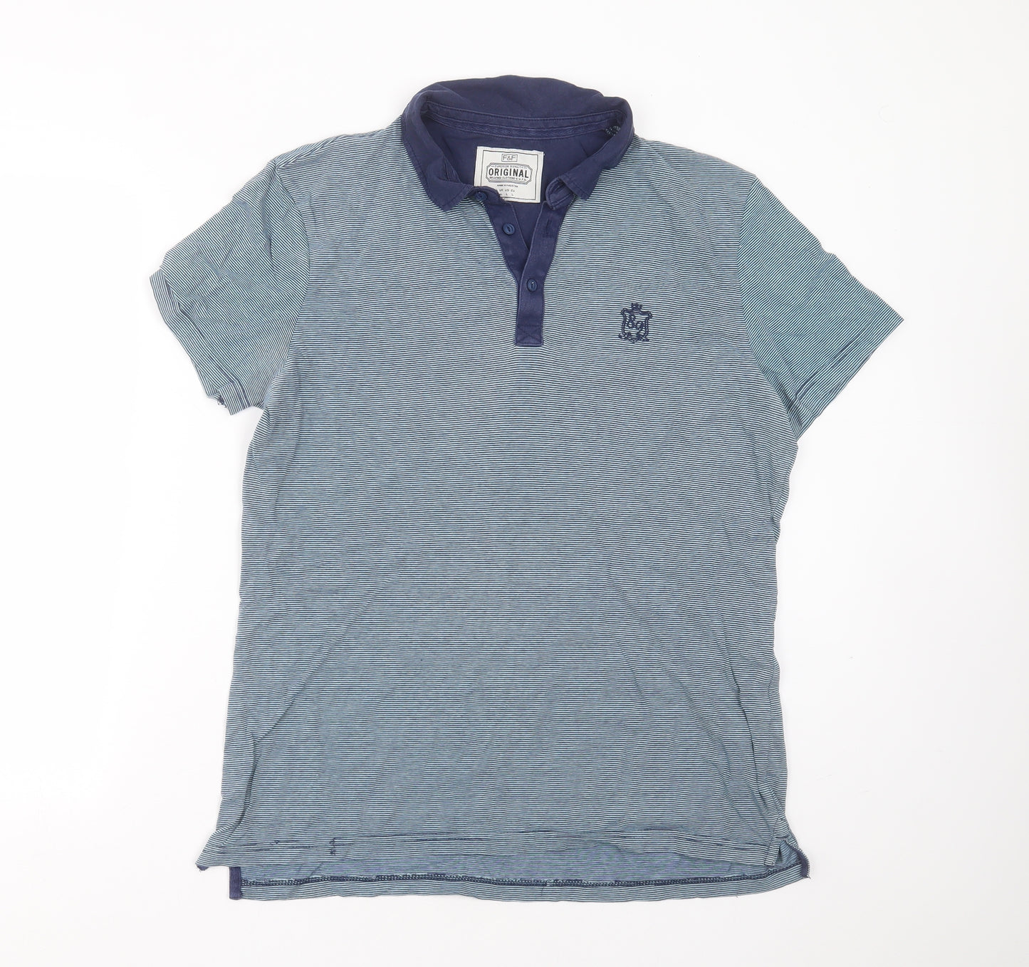 F&F Mens Blue Striped Cotton  Polo Size L Collared
