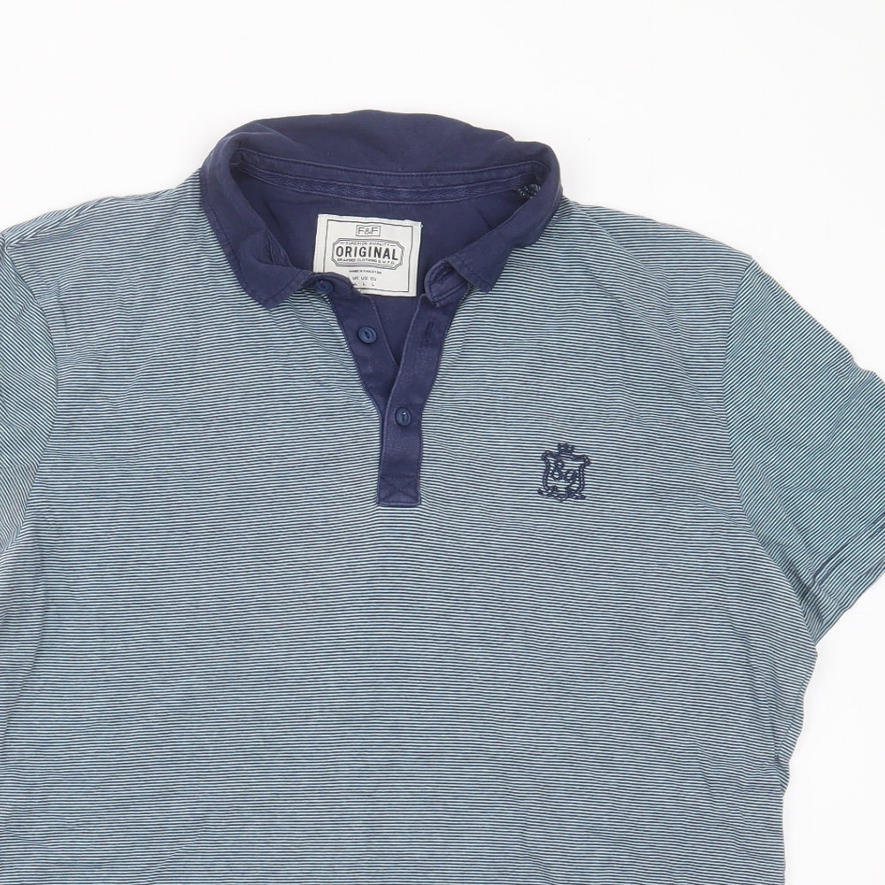 F&F Mens Blue Striped Cotton  Polo Size L Collared