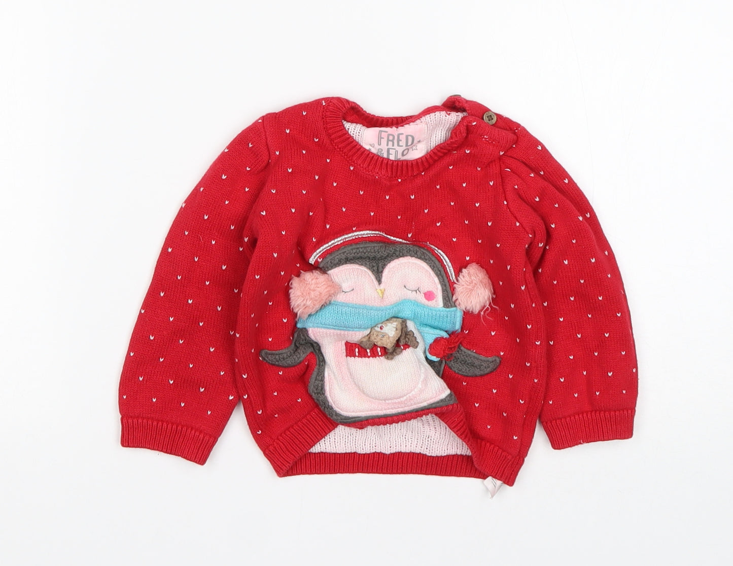 F&D Girls Red Polka Dot Cotton Pullover Jumper Size 9-12 Months   - Christmas