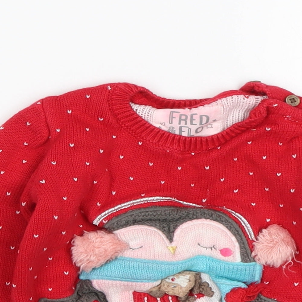 F&D Girls Red Polka Dot Cotton Pullover Jumper Size 9-12 Months   - Christmas