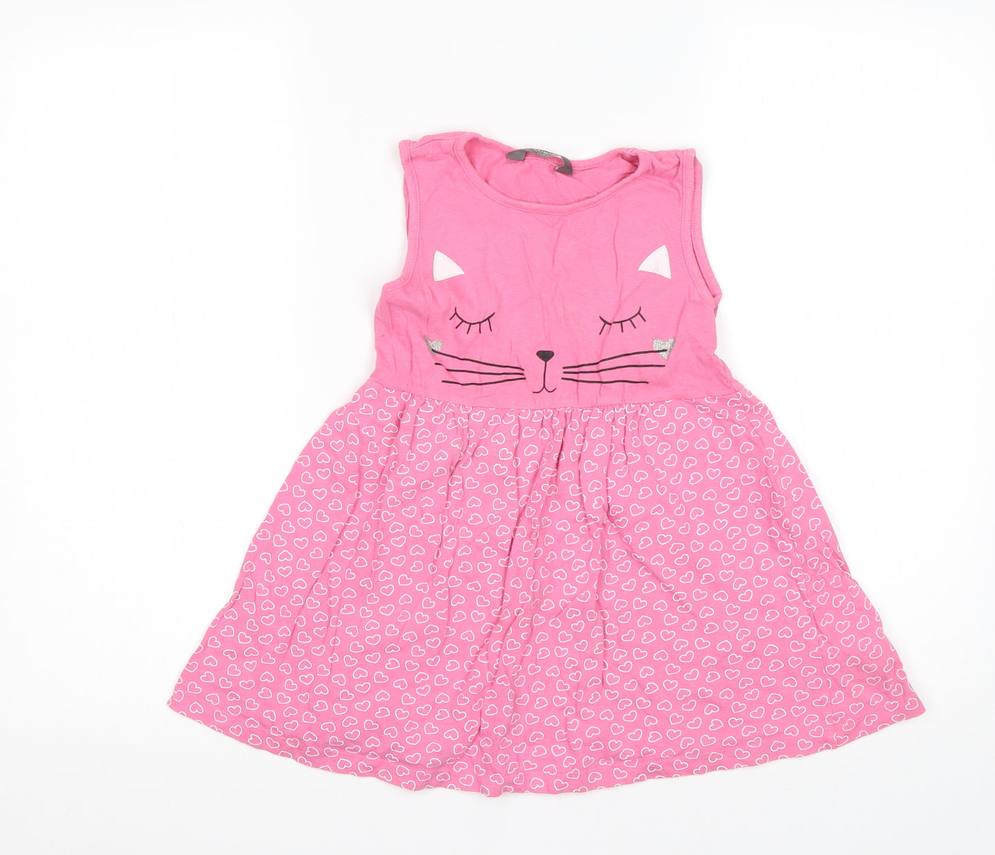 Primark Girls Pink Polka Dot Cotton Fit & Flare  Size 6-7 Years  Round Neck