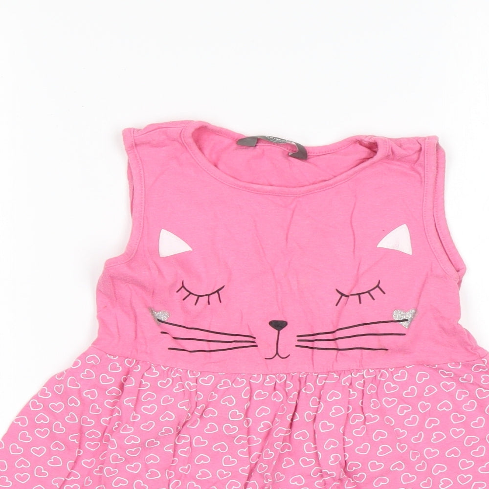 Primark Girls Pink Polka Dot Cotton Fit & Flare  Size 6-7 Years  Round Neck