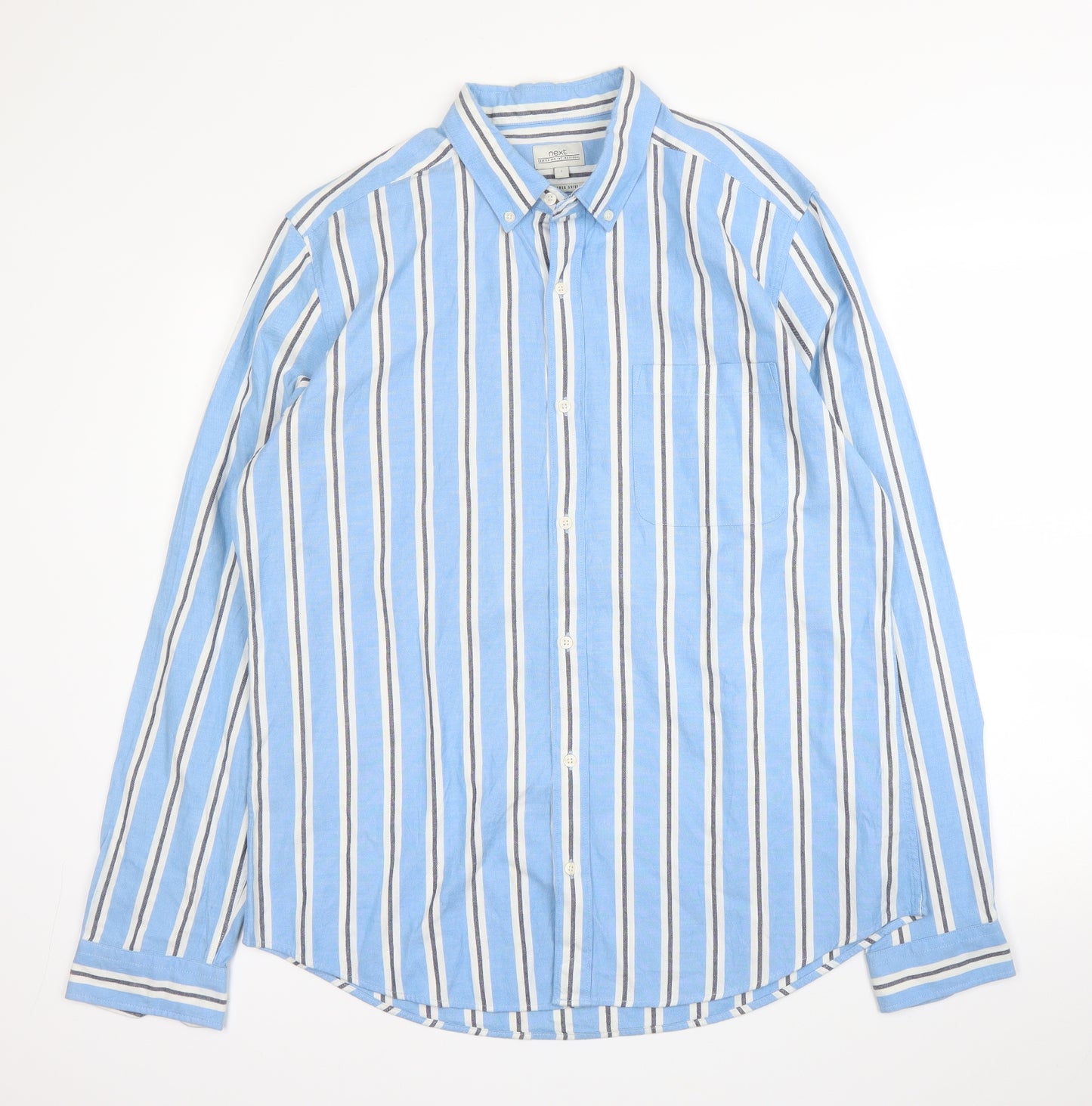 NEXT Mens Blue Striped Cotton  Button-Up Size L Collared Button