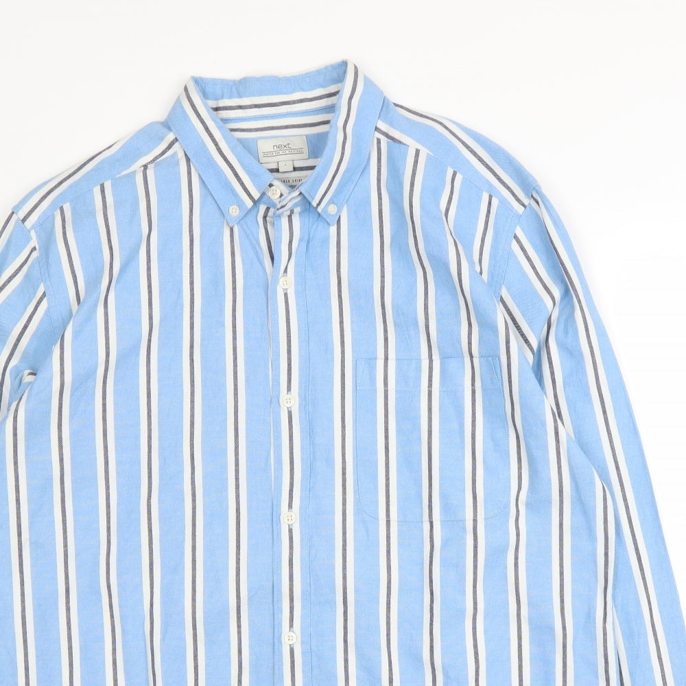 NEXT Mens Blue Striped Cotton  Button-Up Size L Collared Button