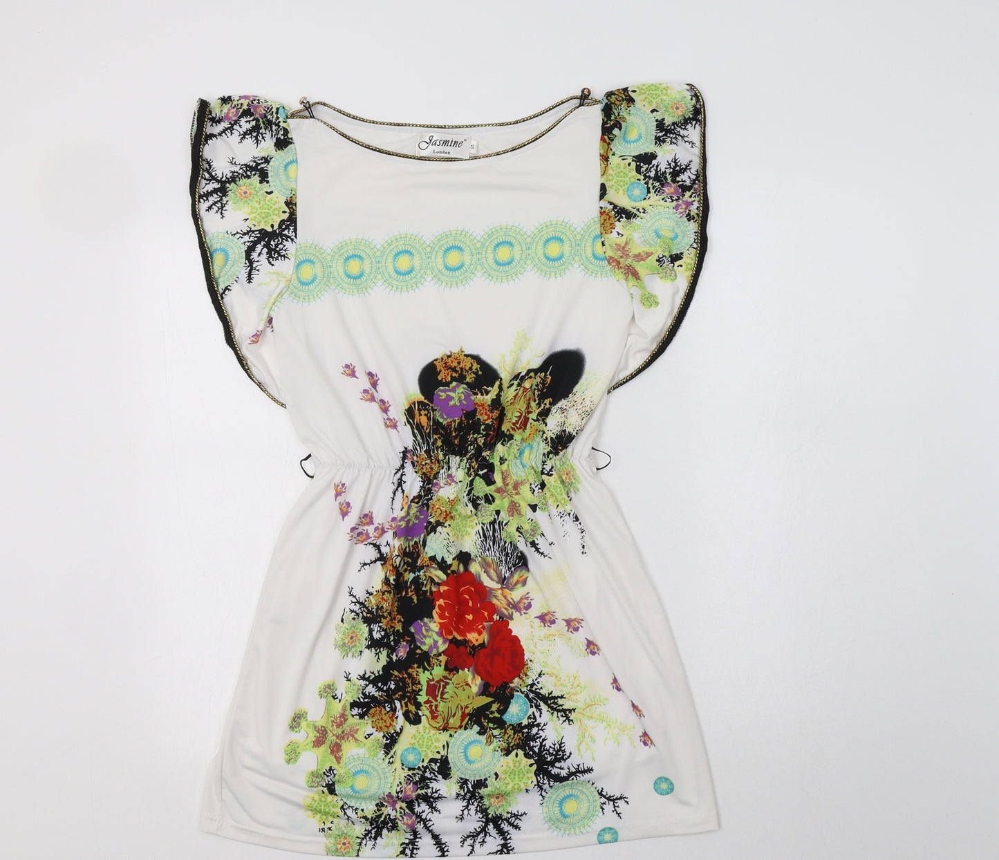 Jasmine Womens White Floral Polyester Fit & Flare  Size S  Boat Neck