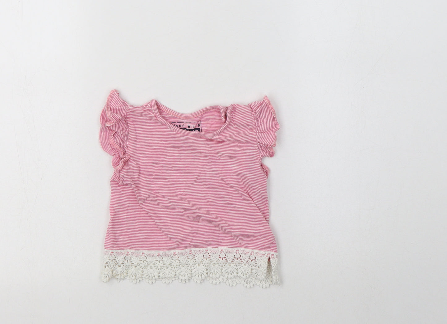 Primark Baby Pink Striped Cotton Basic Blouse Size 6-9 Months Crew Neck Snap