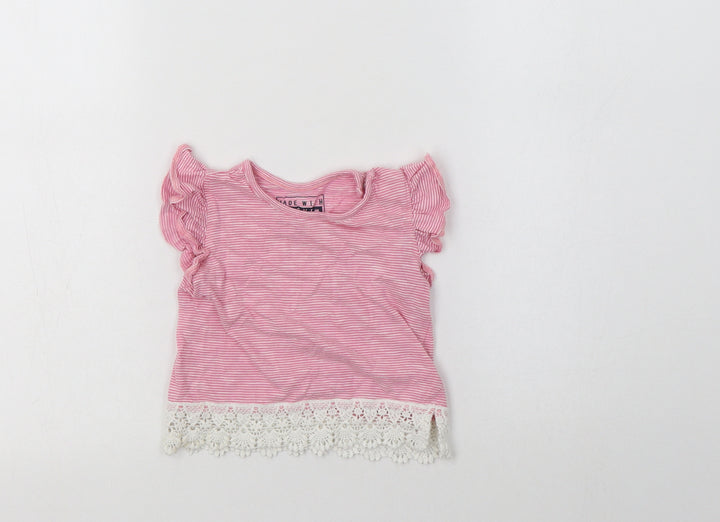 Primark Baby Pink Striped Cotton Basic Blouse Size 6-9 Months Crew Neck Snap