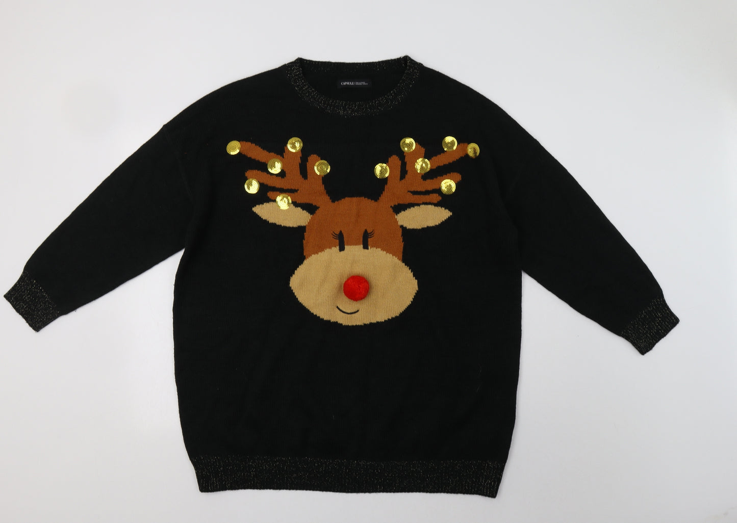 Capsule Womens Black Crew Neck  Acrylic Tunic Jumper Size 22   - Rudolph Christmas