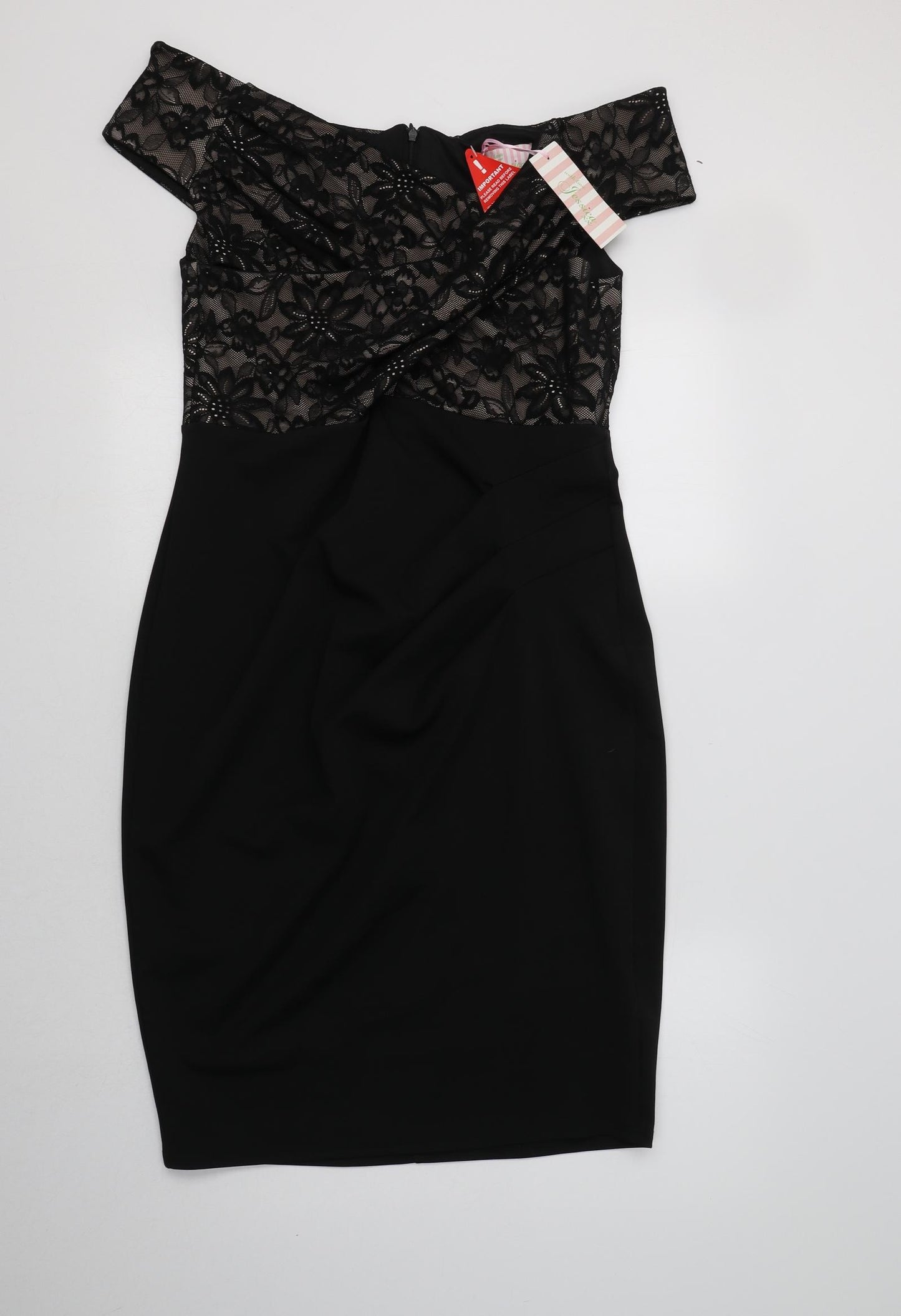 Jessica Womens Black Floral Nylon Pencil Dress  Size 18  Off the Shoulder Zip - Lace Overlay