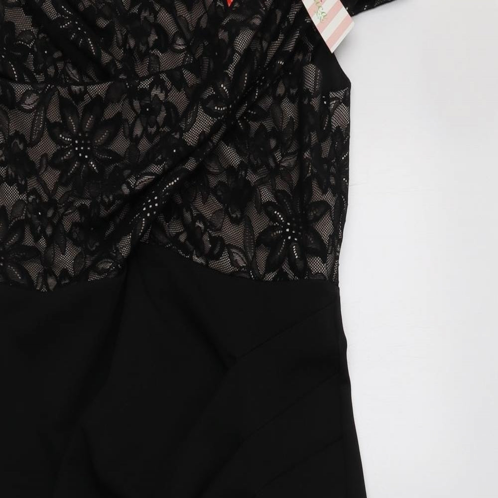 Jessica Womens Black Floral Nylon Pencil Dress  Size 18  Off the Shoulder Zip - Lace Overlay