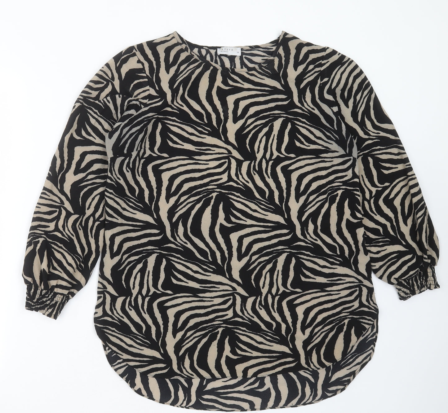 Papaya Womens Brown Animal Print Polyester Basic Blouse Size 14 Round Neck