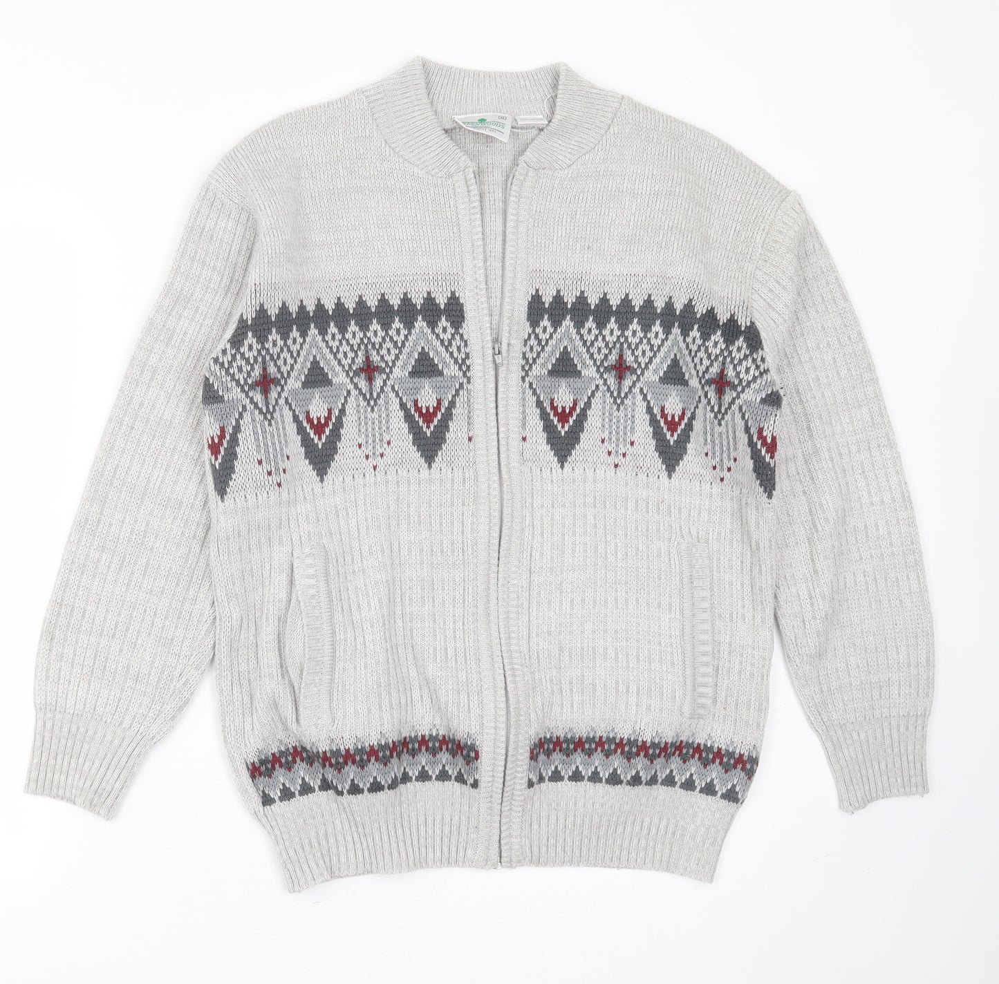 GREENWOODS Mens Grey High Neck Geometric Acrylic Cardigan Jumper Size M