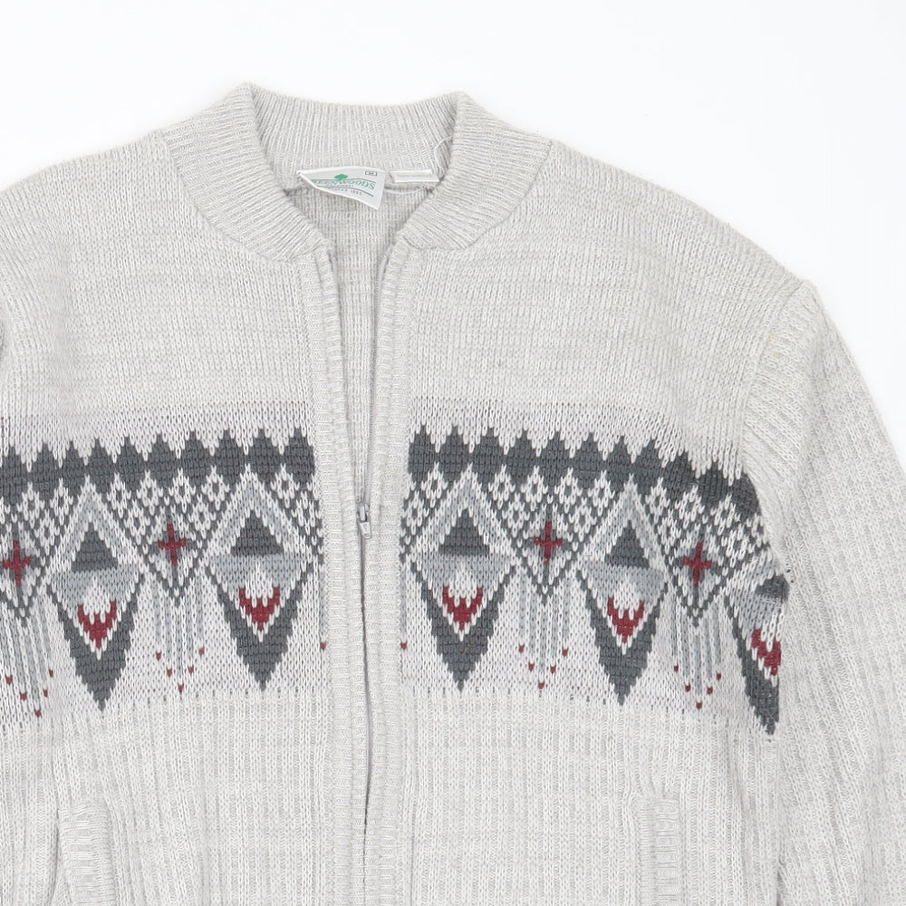 GREENWOODS Mens Grey High Neck Geometric Acrylic Cardigan Jumper Size M
