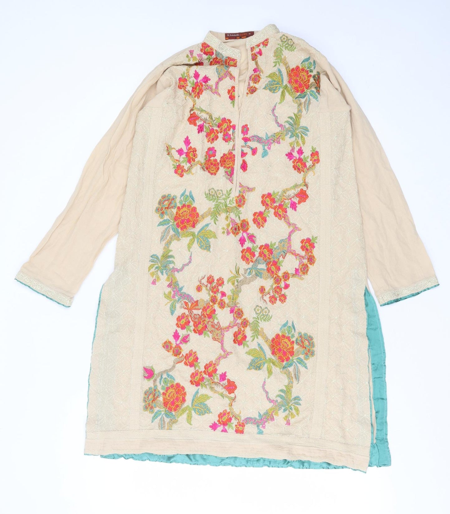 khaadi Pret Womens Beige Floral Cotton Kaftan  Size 10  Round Neck  - Embroidered detail