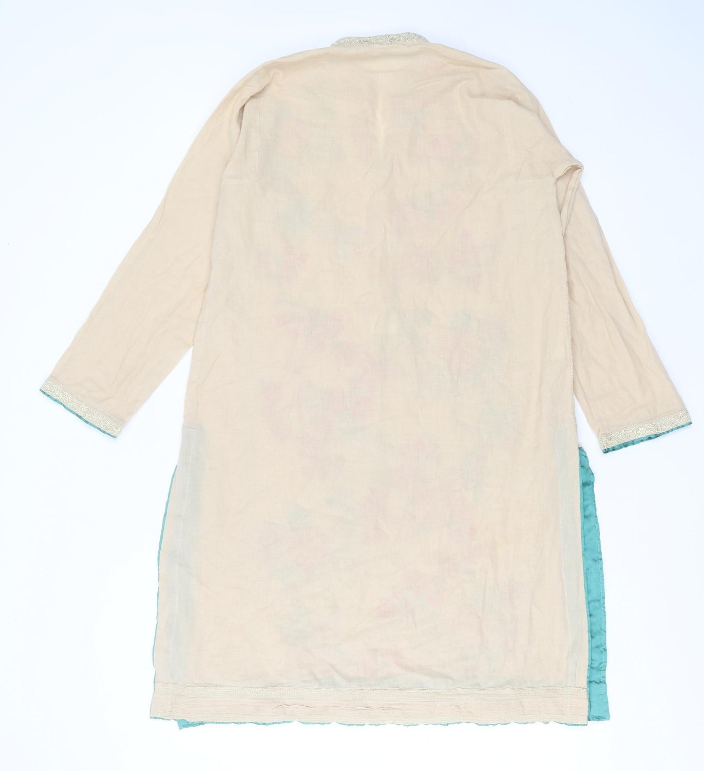 khaadi Pret Womens Beige Floral Cotton Kaftan  Size 10  Round Neck  - Embroidered detail