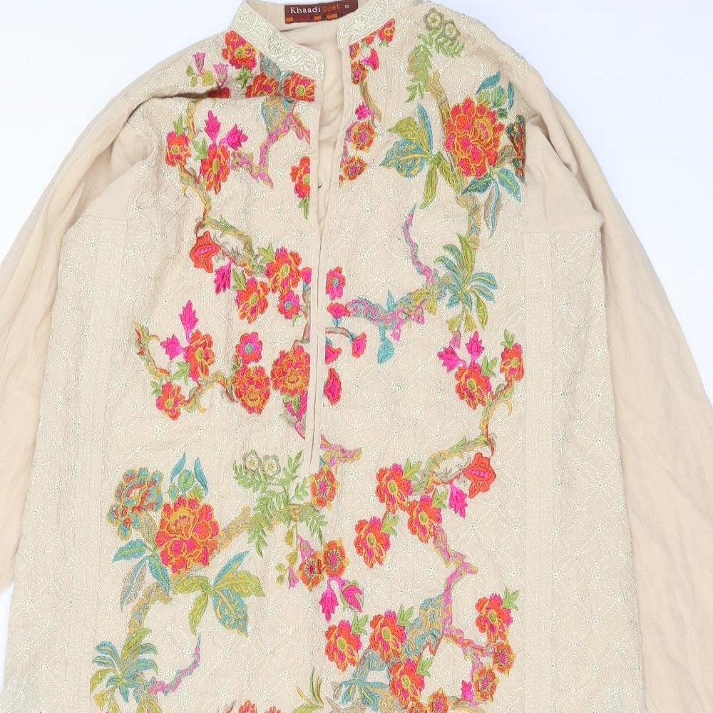 khaadi Pret Womens Beige Floral Cotton Kaftan  Size 10  Round Neck  - Embroidered detail