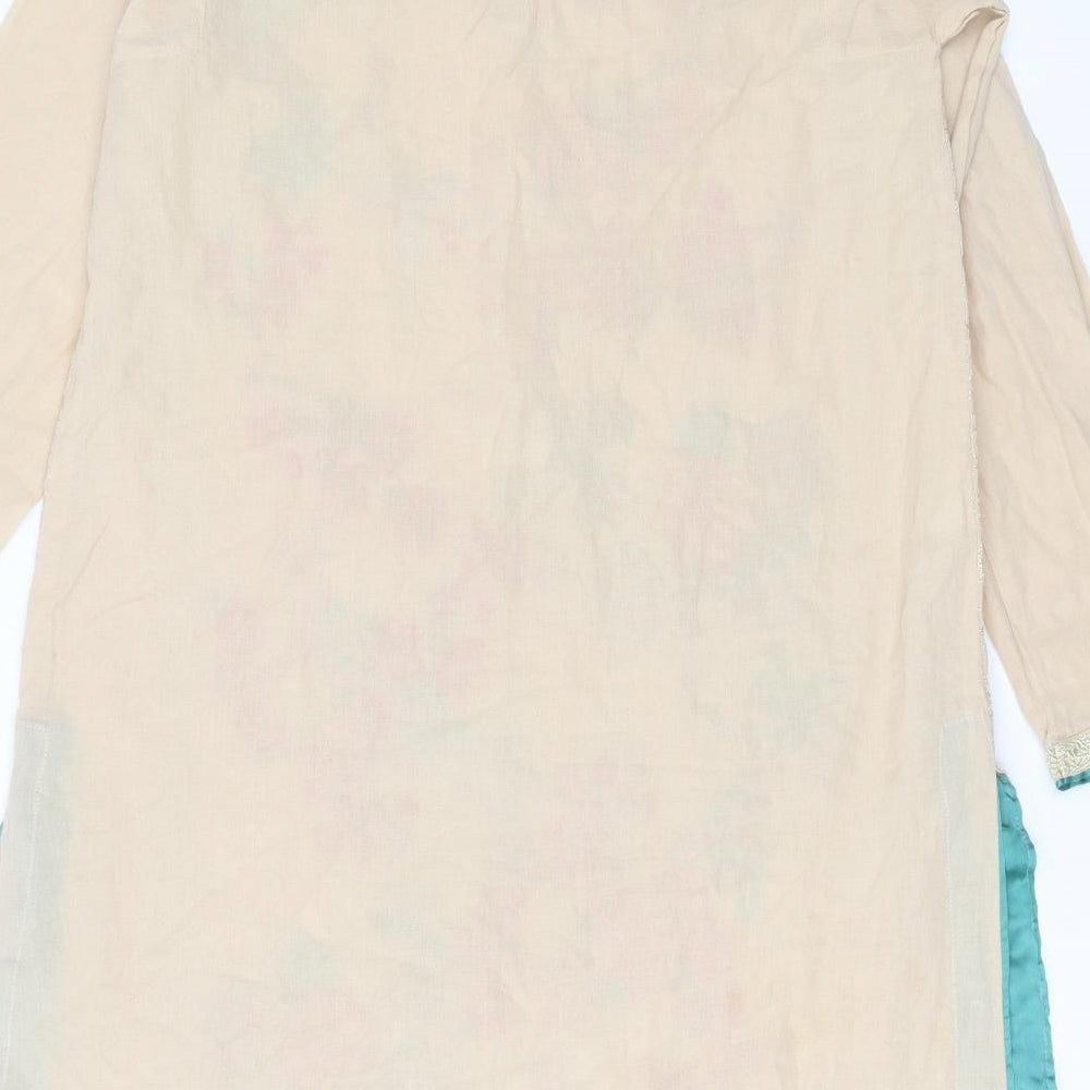 khaadi Pret Womens Beige Floral Cotton Kaftan  Size 10  Round Neck  - Embroidered detail