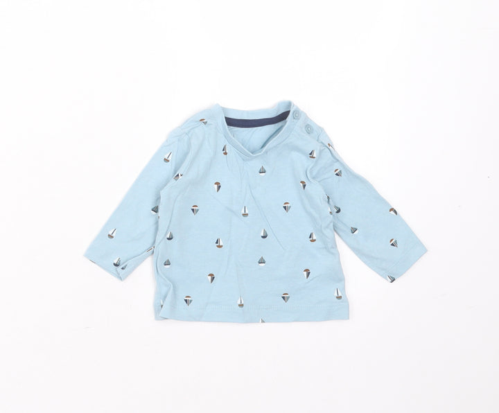 Matalan Baby Blue  Cotton Basic T-Shirt Size 0-3 Months Round Neck  - boat print