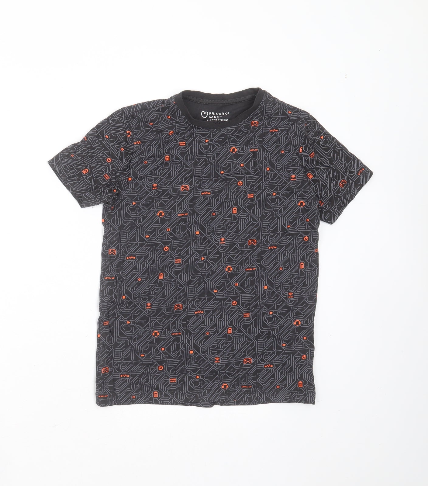 Primark Boys Grey Geometric Cotton Basic T-Shirt Size 8-9 Years Round Neck