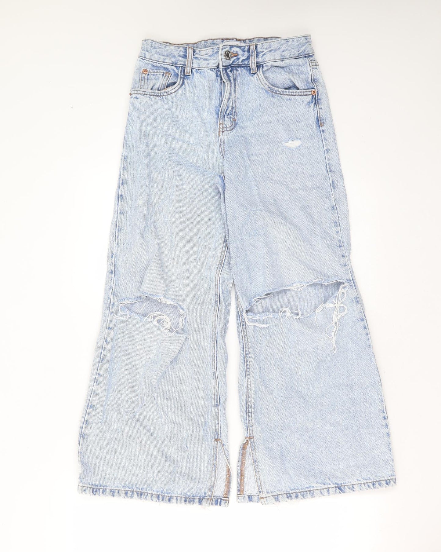 Zara Girls Blue  Cotton Wide-Leg Jeans Size 13-14 Years  Relaxed Zip - wide leg, distressed
