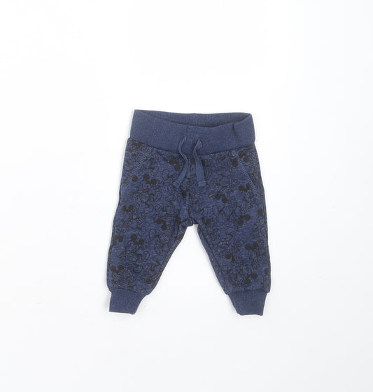 Front view of Primark Baby Blue Cotton Jogger Trousers, size 0-3, Months Drawstring - Mickey Mouse Print