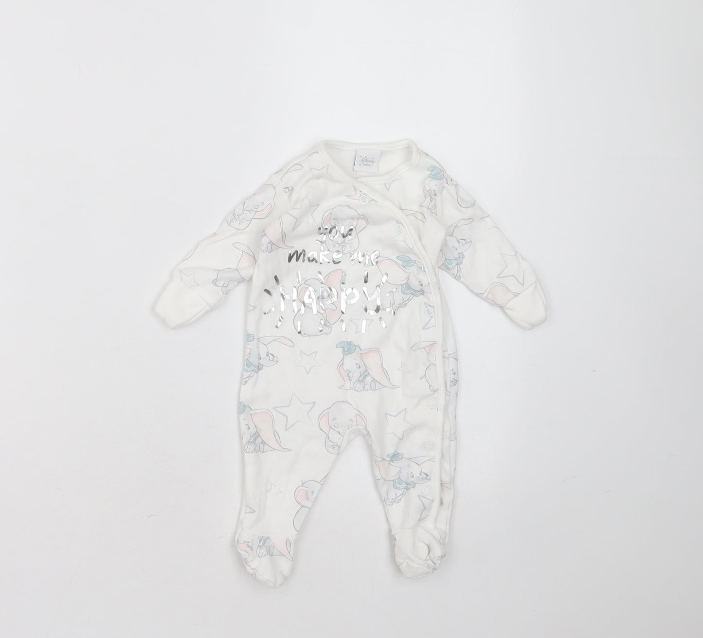 Disney Baby Baby White  Cotton Babygrow One-Piece Size Newborn  Button - Dumbo Print