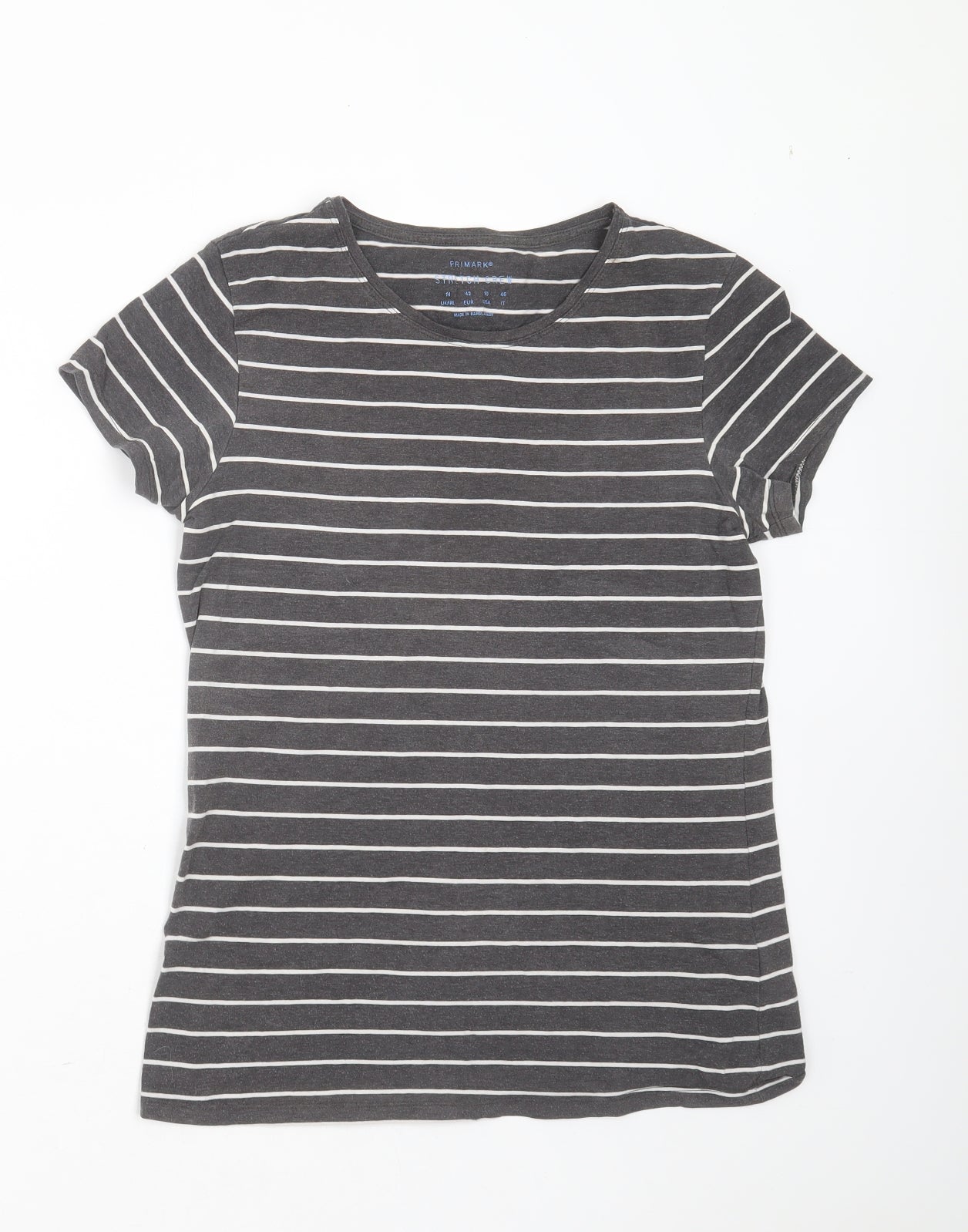 Primark Womens Grey Striped Cotton Basic T-Shirt Size 14 Round Neck