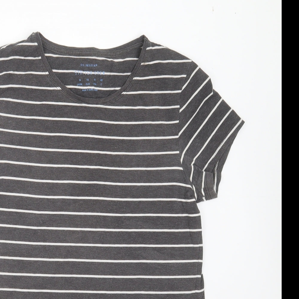 Primark Womens Grey Striped Cotton Basic T-Shirt Size 14 Round Neck