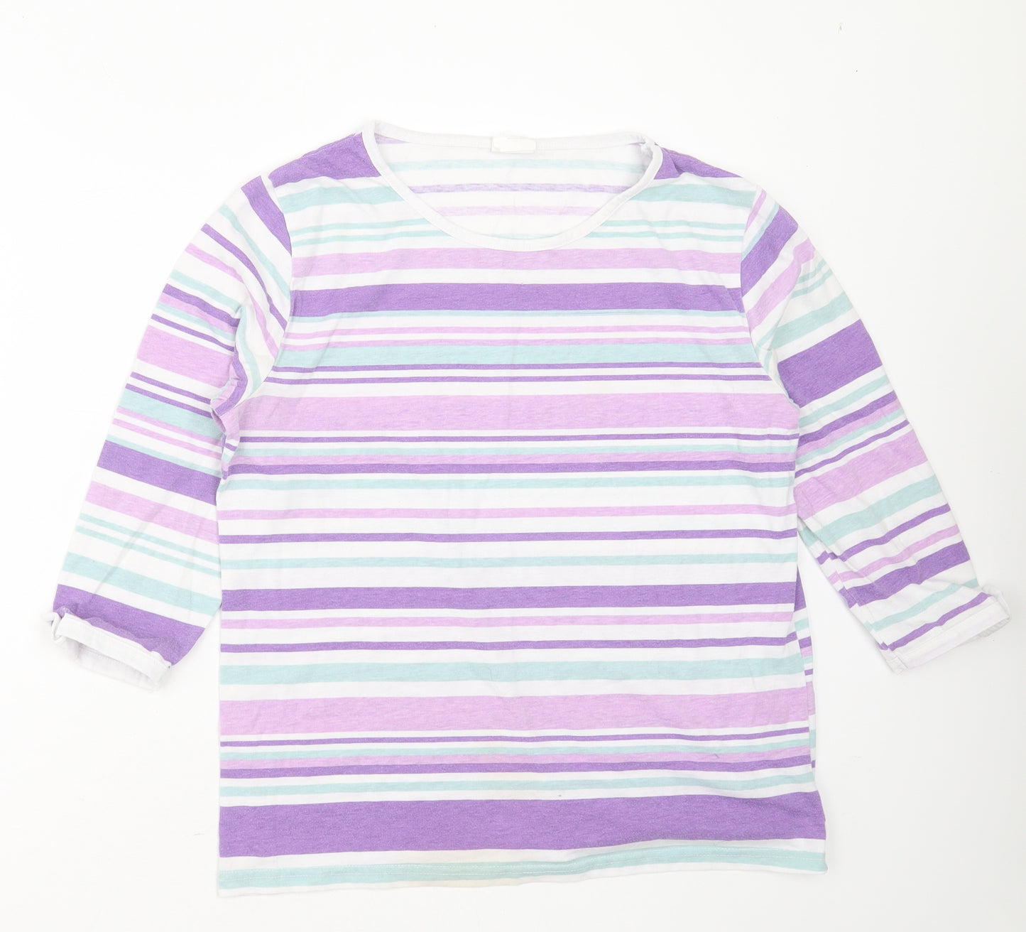 Ann De Lancay Womens Purple Striped Polyester Basic T-Shirt Size M Round Neck