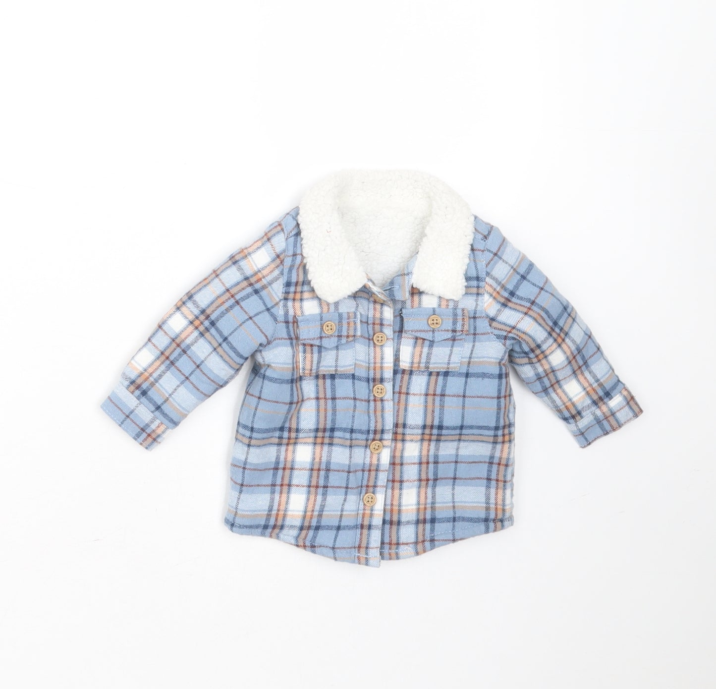 TU Baby Blue Plaid  Jacket  Size 0-3 Months   Button - fleece lined