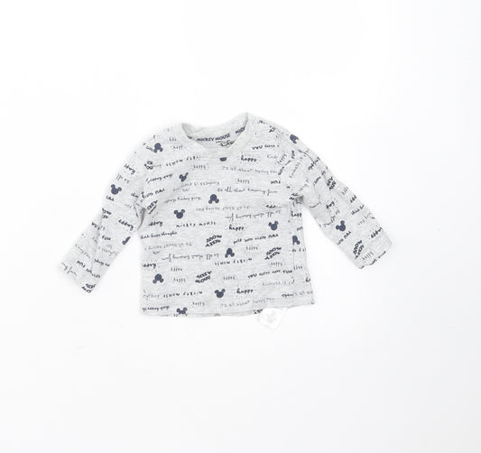 Front view of Primark Baby Grey Cotton Basic T-Shirt, size 0-3, Months Round Neck - mickey mouse