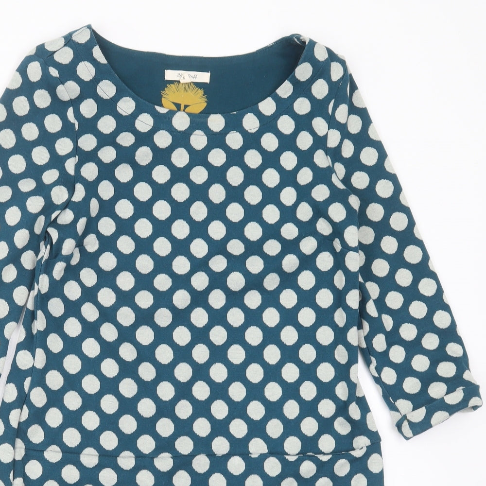 White Stuff Womens Blue Polka Dot Cotton Shift  Size 8  Round Neck