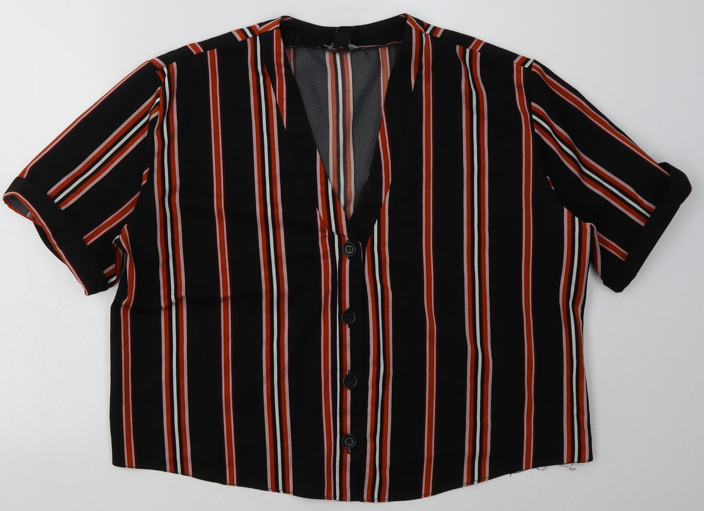 New Look Womens Black Striped Polyester Cropped Button-Up Size 14 V-Neck