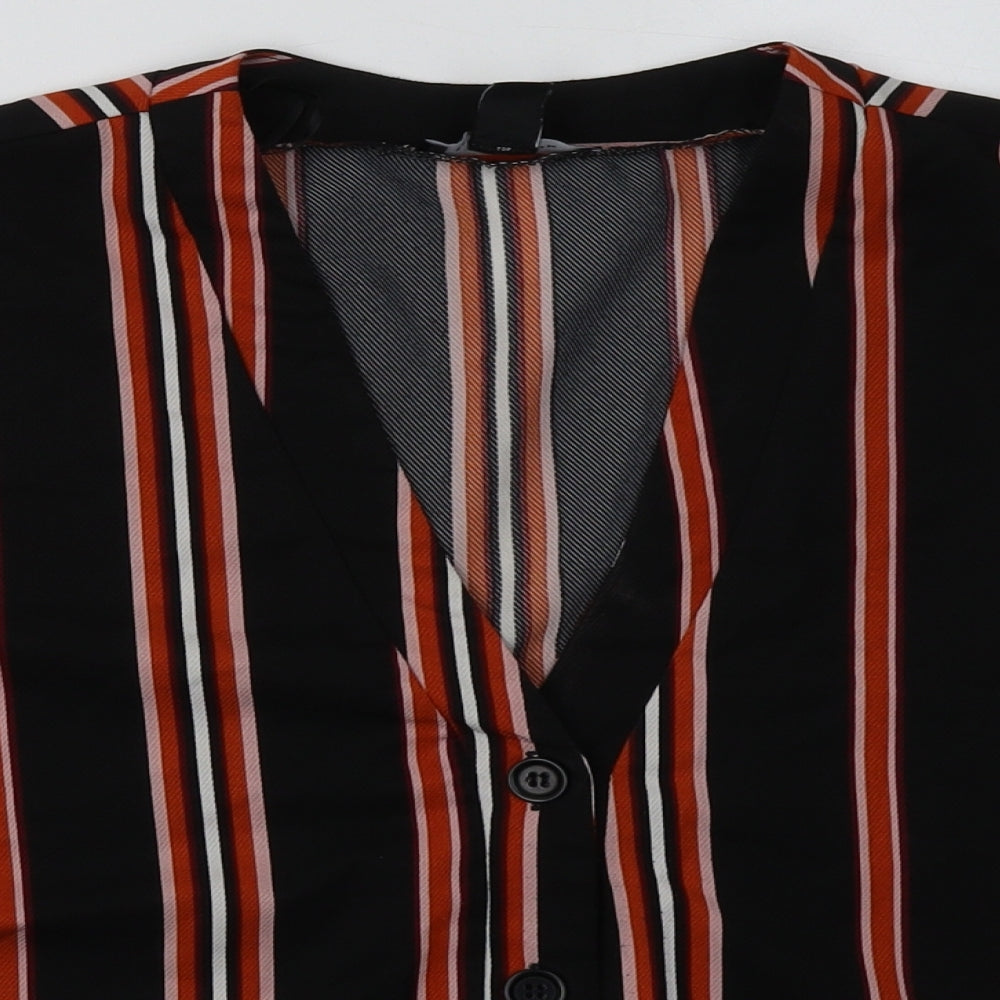 New Look Womens Black Striped Polyester Cropped Button-Up Size 14 V-Neck