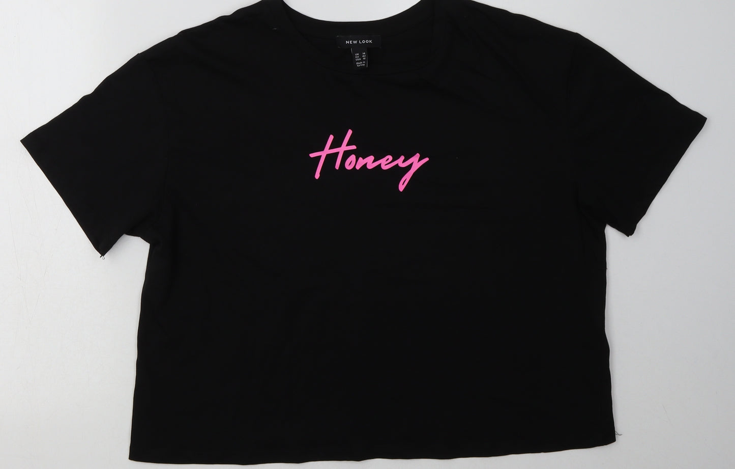 New Look Womens Black  Cotton Cropped T-Shirt Size 14 Crew Neck - honey