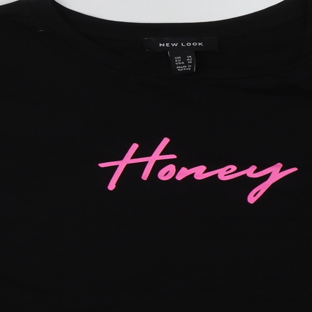 New Look Womens Black  Cotton Cropped T-Shirt Size 14 Crew Neck - honey