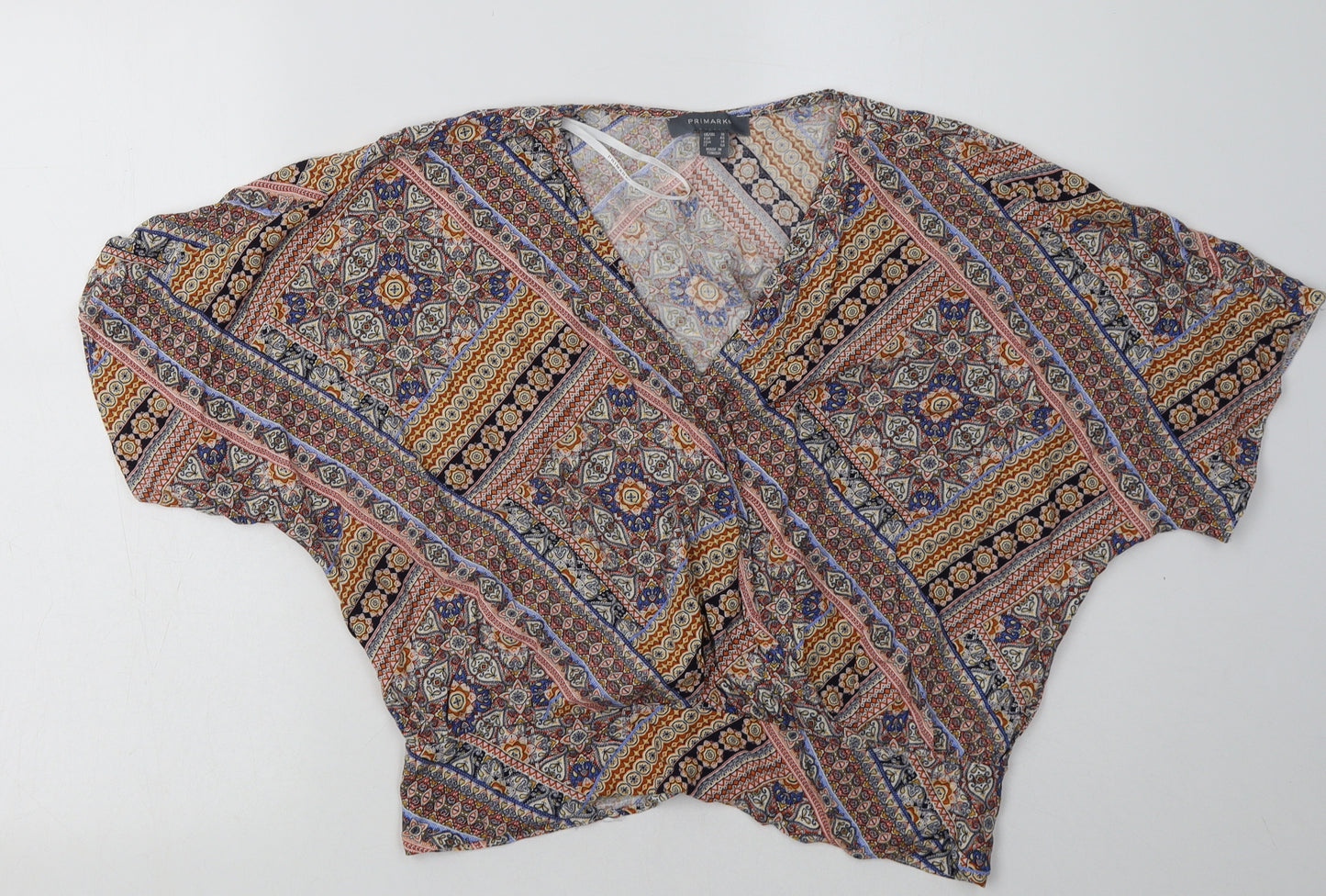 Primark Womens Multicoloured Geometric Viscose Cropped Blouse Size 18 V-Neck