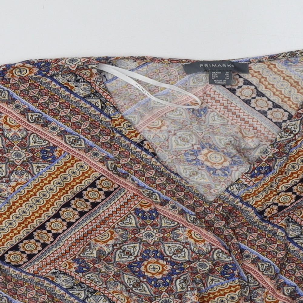 Primark Womens Multicoloured Geometric Viscose Cropped Blouse Size 18 V-Neck