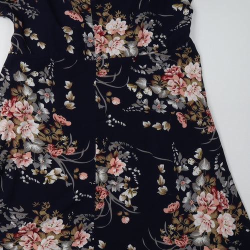 SheIn Womens Blue Floral Polyester A-Line  Size 2XL  V-Neck Tie