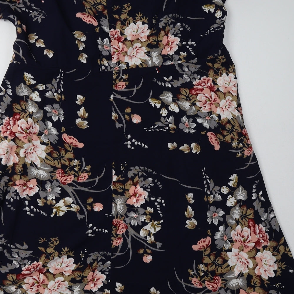 SheIn Womens Blue Floral Polyester A-Line  Size 2XL  V-Neck Tie