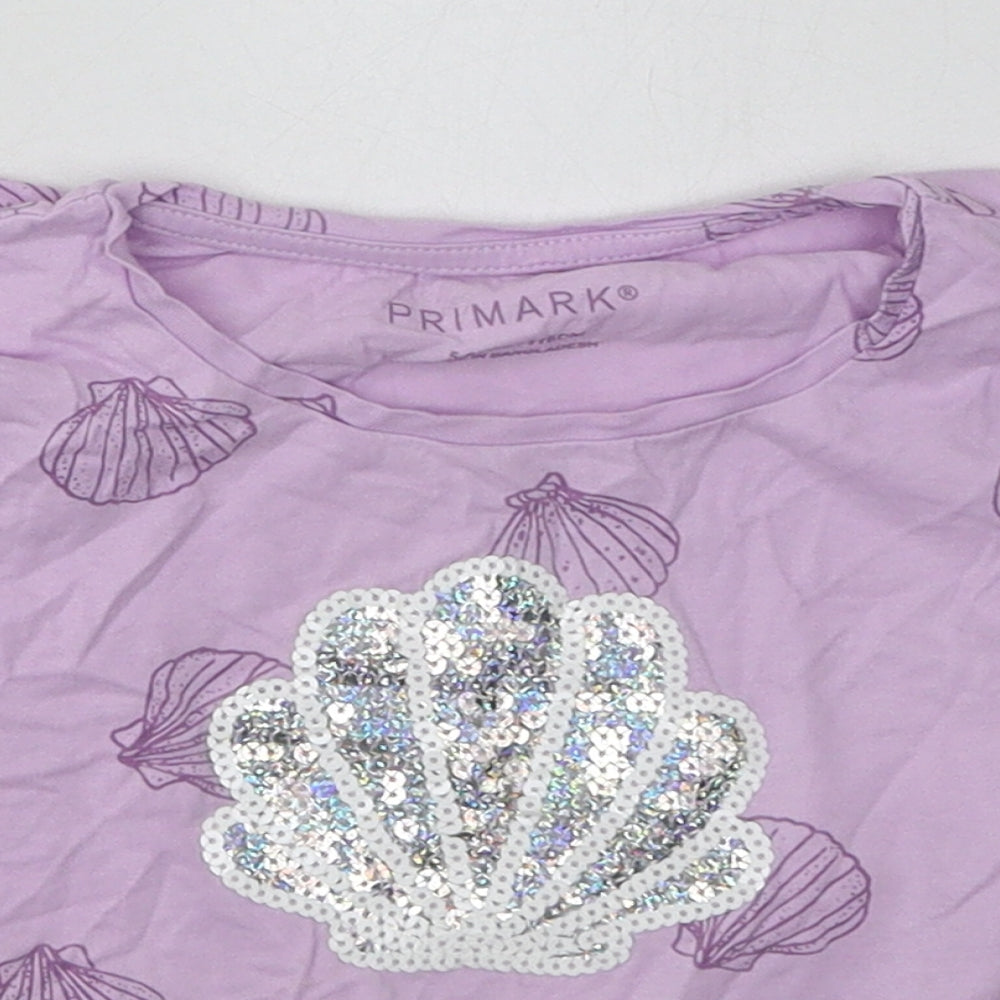 Primark Girls Purple Geometric Cotton Basic T-Shirt Size 5-6 Years Crew Neck Pullover - sea shell