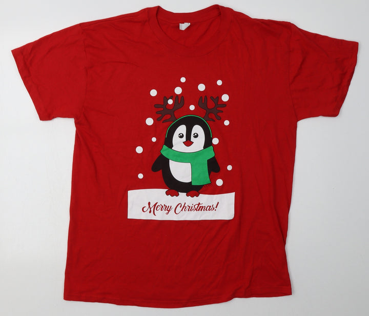 casual classics Mens Red Cotton T-Shirt Size L Crew Neck - Christmas