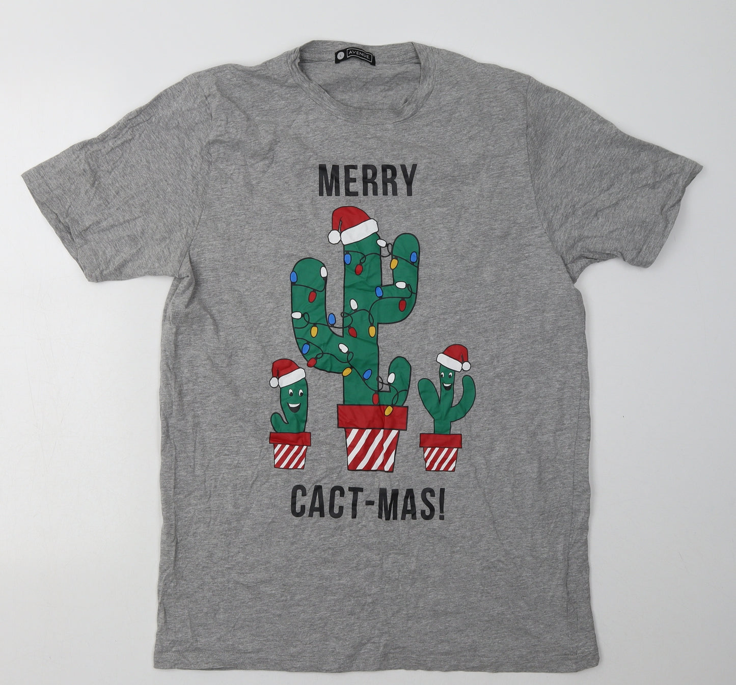 Avenue Mens Grey  Cotton  T-Shirt Size L Crew Neck  - Christmas
