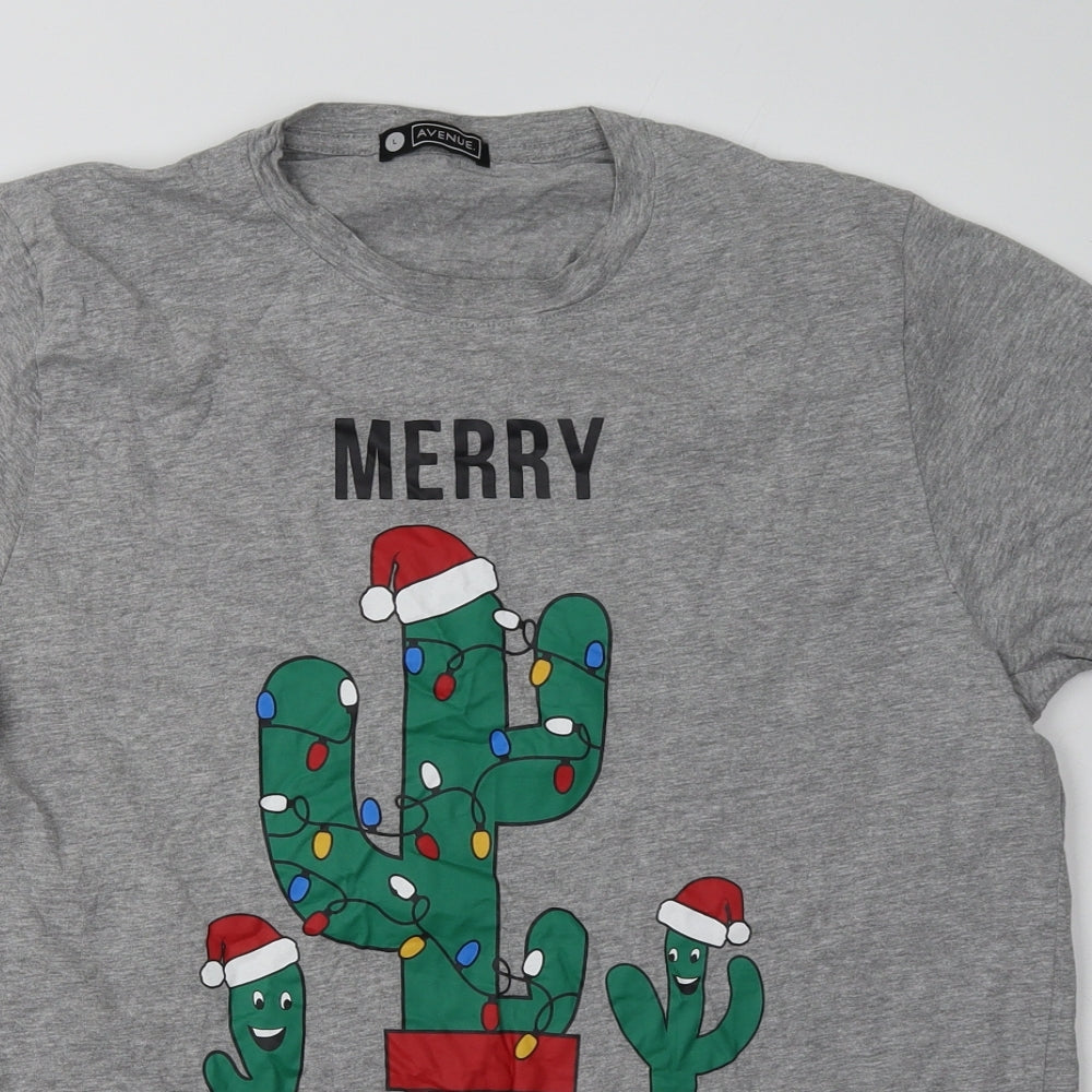Avenue Mens Grey  Cotton  T-Shirt Size L Crew Neck  - Christmas
