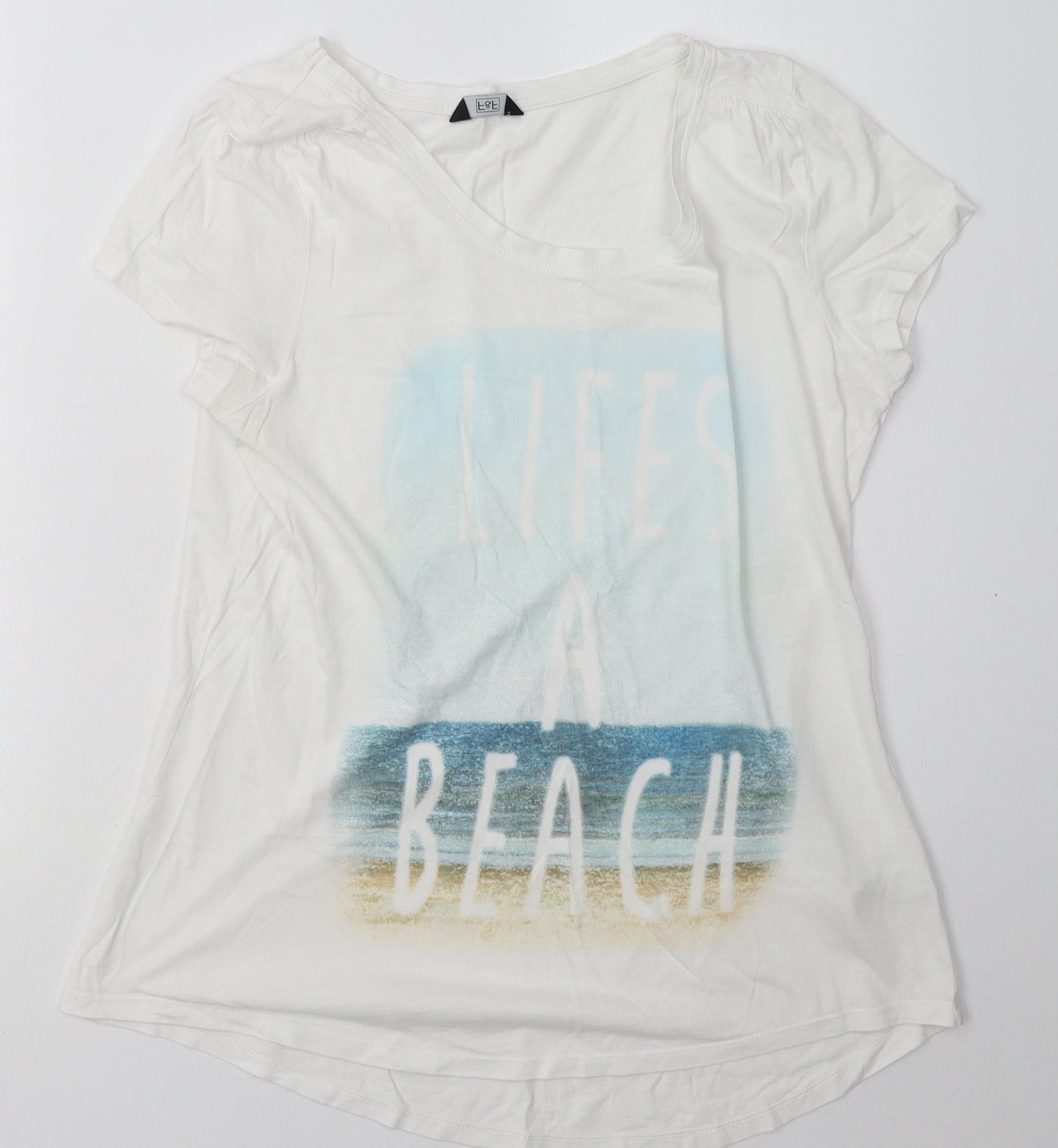 F&F Womens White Geometric Cotton Basic T-Shirt Size 14 Crew Neck - lifes a beach